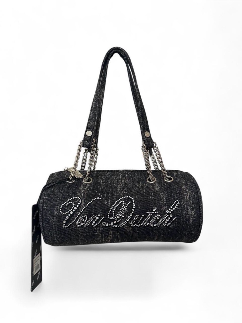 Von Dutch Black Denim Rhinestone Barrel Bag